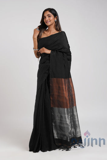 AYSR Boutique Dusk and Dawn Black Hand Woven Cotton Tissue  Saree with Blouse Piece