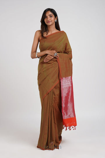 AYSR Boutique Lush Meadows Moss Green Hand Woven Tissue  Saree With Blouse Piece