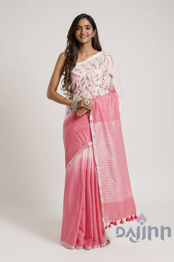 AYSR Boutique Spring Sunshine Light Pink Linen Saree With Blouse Piece