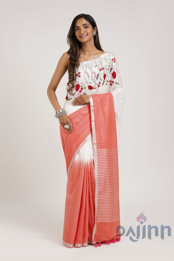 AYSR Boutique Floral Wave Red and White Linen Saree with Blouse Piece