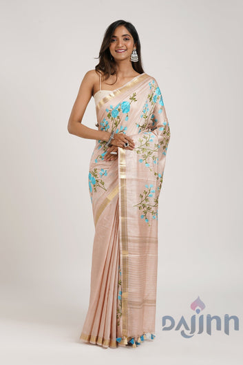 AYSR Boutique Gulrang Cream and Blue Silk Linen Saree with Blouse Piece