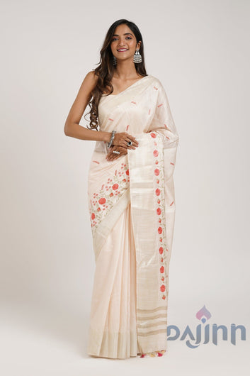 AYSR Boutique Batika Cream Pure Silk Linen Saree with Blouse Piece