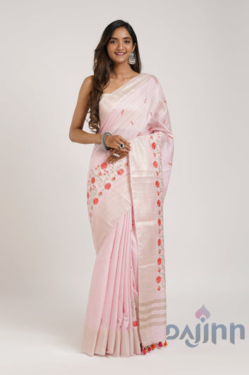 AYSR Boutique Keya Pink Pure Silk Linen Saree With Blouse Piece