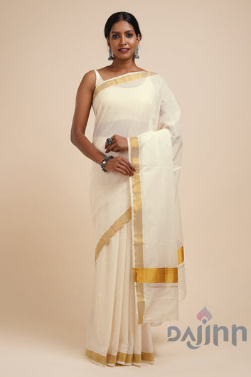 AYSR Boutique Kalyani White and Gold Kerala Cotton Kasavu Saree