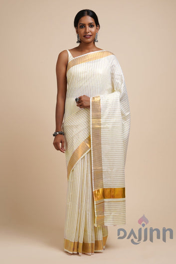 AYSR Boutique Madhavi White and Gold Kerala Cotton Kasavu Saree