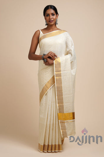 AYSR Boutique Taara White and Gold Kerala Cotton Kasavu Saree