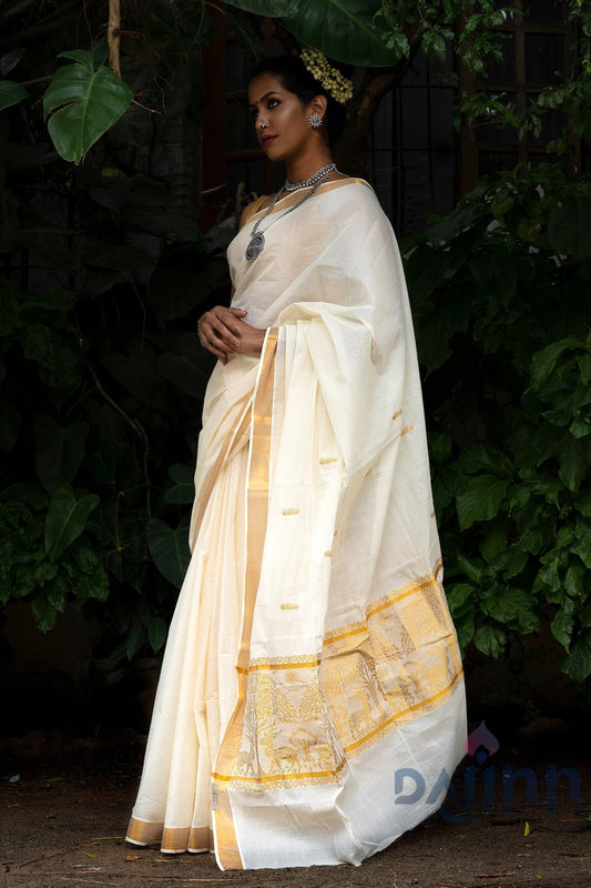 AYSR Boutique Jaya White and Gold Kerala Cotton Kasavu Saree