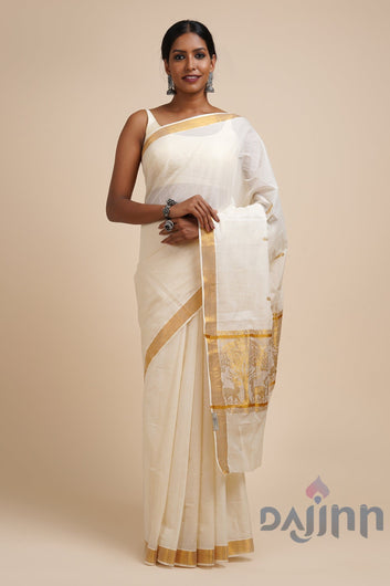 AYSR Boutique Jaya White and Gold Kerala Cotton Kasavu Saree