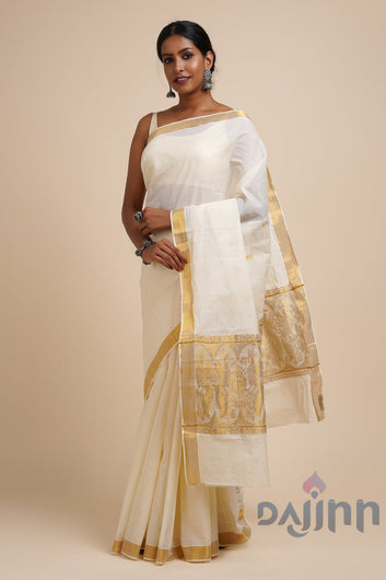 AYSR Boutique Anjila White and Gold Kerala Cotton Kasavu Saree