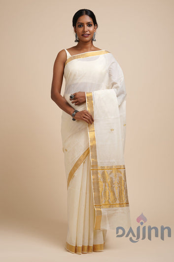 AYSR Boutique Kalleshwari White and Gold Kerala Cotton Kasavu Saree