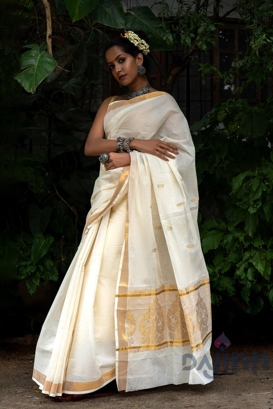 AYSR Boutique Arandhini White and Gold Kerala Cotton Kasavu Saree