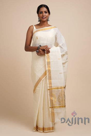 AYSR Boutique Arandhini White and Gold Kerala Cotton Kasavu Saree