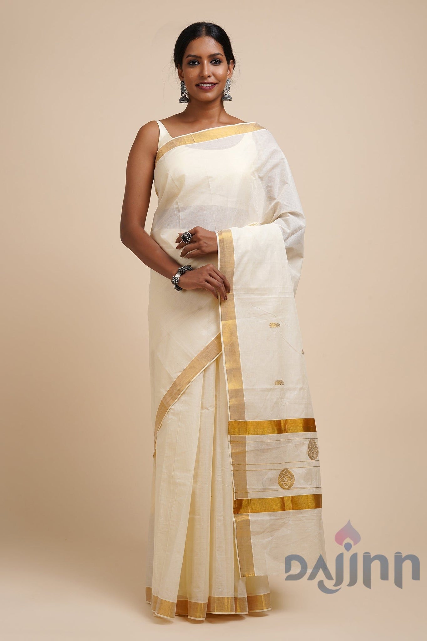 AYSR Boutique Preetika White and Gold Kerala Cotton Kasavu Saree