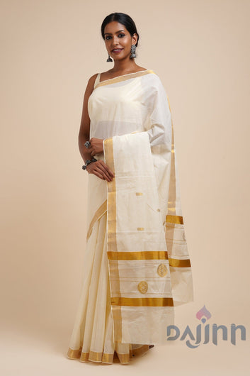 AYSR Boutique Preetika White and Gold Kerala Cotton Kasavu Saree