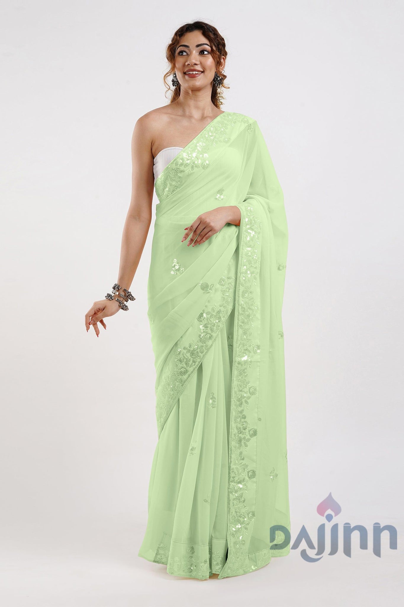 AYSR Boutique Parv Pista Green Georgette Ready to Drape Saree