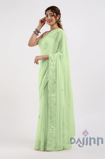 AYSR Boutique Parv Pista Green Georgette Ready to Drape Saree