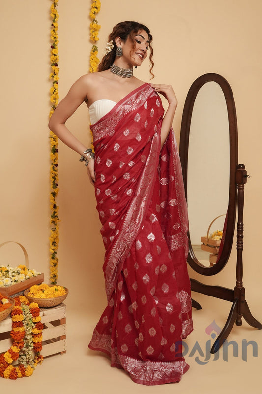 AYSR Boutique Taaki Red Linen Soft Cotton Ready to Drape Saree