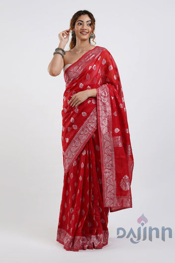 AYSR Boutique Taaki Red Linen Soft Cotton Ready to Drape Saree