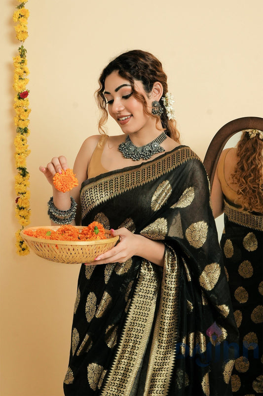 AYSR Boutique Kalmah Black Soft Cotton Silk Ready to Drape Saree