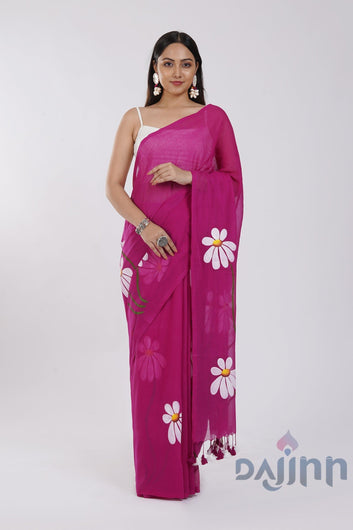 AYSR Boutique Blossom Breeze Fuchsia Pink Printed Mulmul Cotton Saree