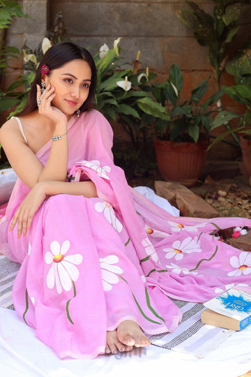 AYSR Boutique Blossom Breeze Light Pink Printed Mulmul Cotton Saree