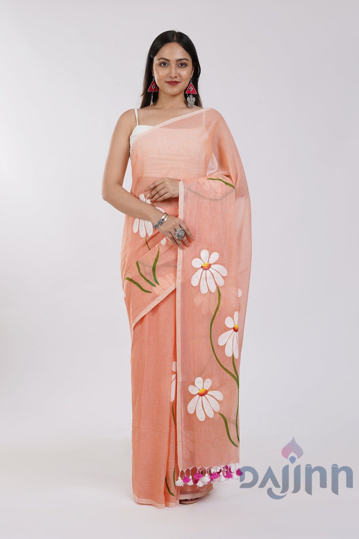 AYSR Boutique Blossom Breeze Peach Printed Mulmul Cotton Saree