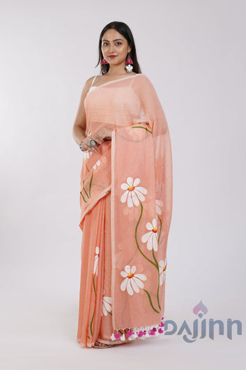 AYSR Boutique Blossom Breeze Peach Printed Mulmul Cotton Saree