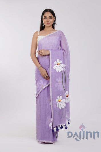 AYSR Boutique Blossom Breeze Purple Printed Mulmul Cotton Saree