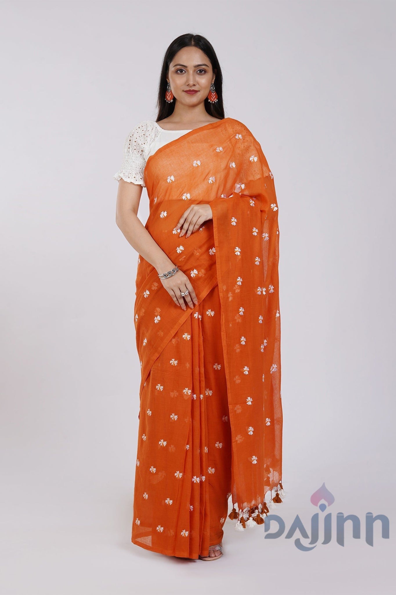 AYSR Boutique Reiya Rust Orange Embroidered Mulmul Cotton Saree