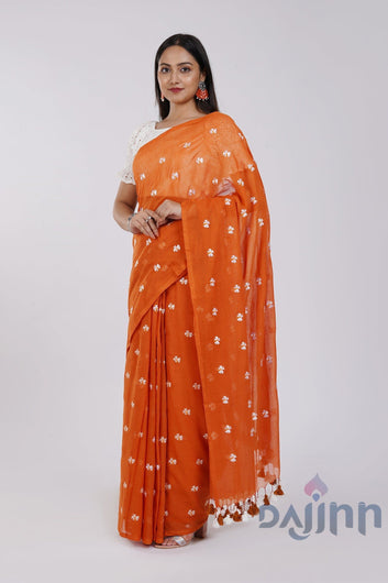 AYSR Boutique Reiya Rust Orange Embroidered Mulmul Cotton Saree