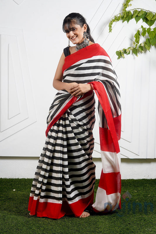 AYSR Boutique Innayat Black & Red Stripes Print Mulmul Cotton Saree