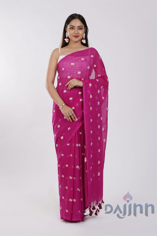 AYSR Boutique Reiya Magenta Embroidered Mulmul Cotton Saree