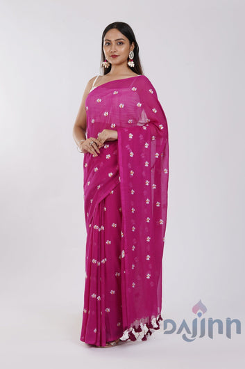 AYSR Boutique Reiya Magenta Embroidered Mulmul Cotton Saree