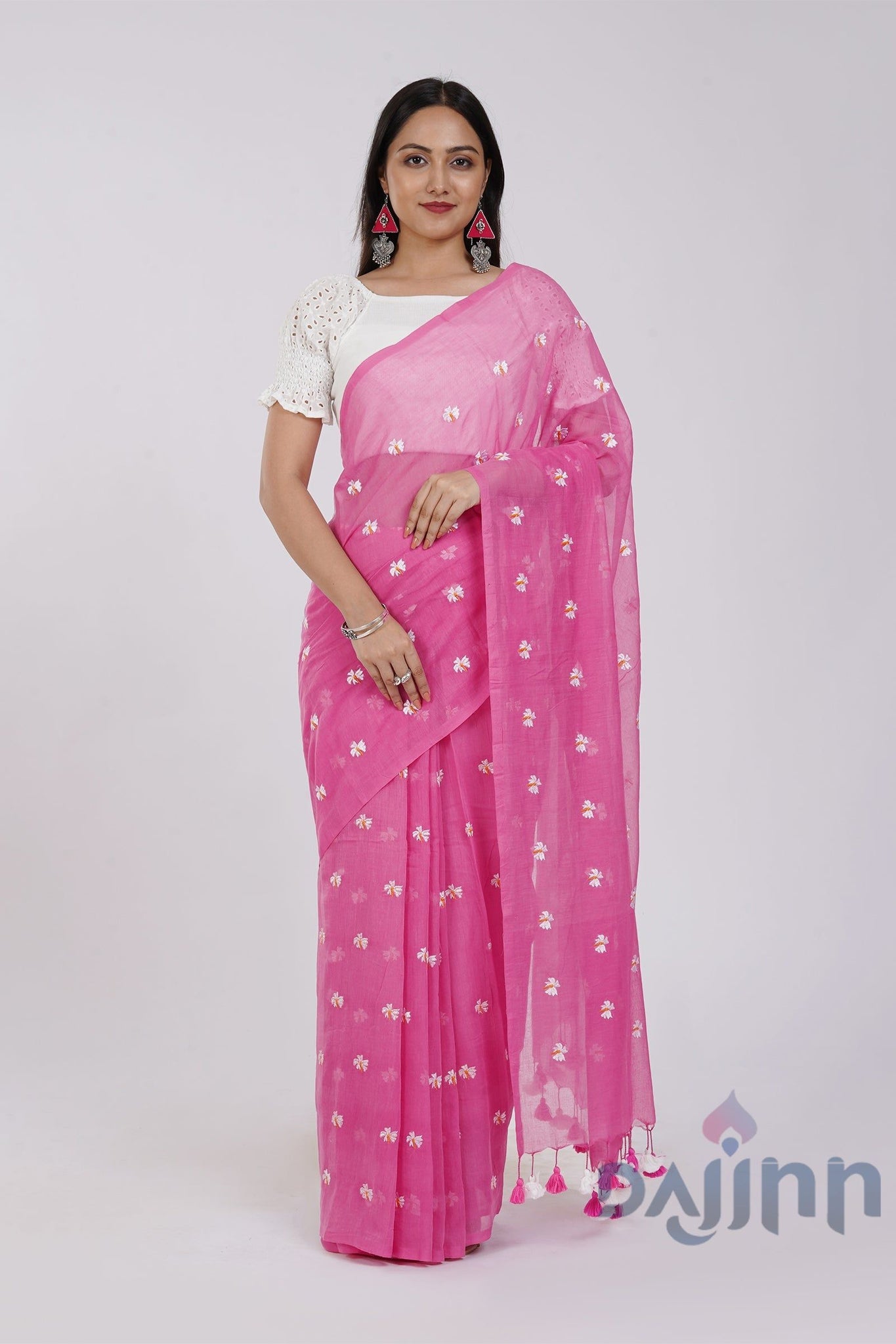 AYSR Boutique Reiya Pink Embroidered Mulmul Cotton Saree