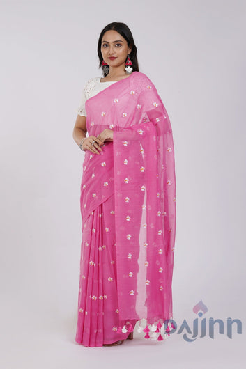 AYSR Boutique Reiya Pink Embroidered Mulmul Cotton Saree