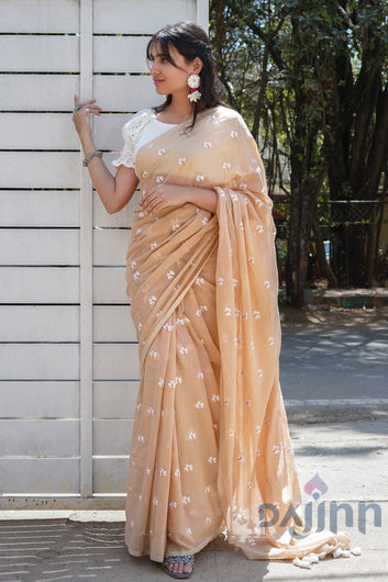 AYSR Boutique Reiya Beige Embroidered Mulmul Cotton Saree