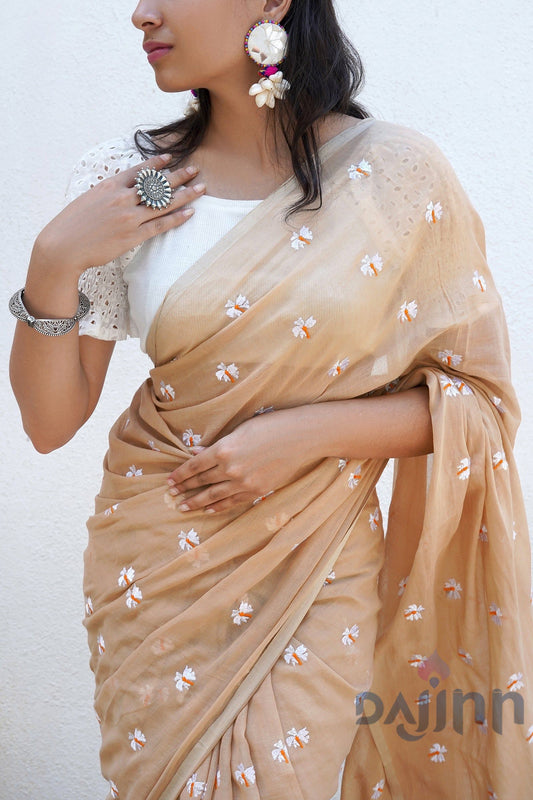 AYSR Boutique Reiya Beige Embroidered Mulmul Cotton Saree