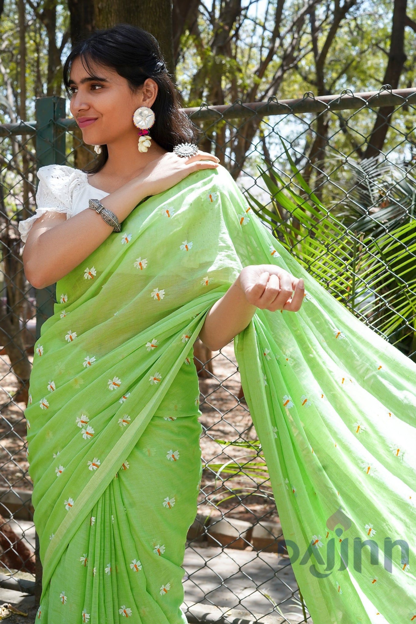 AYSR Boutique Reiya Light Green Embroidered Mulmul Cotton Saree