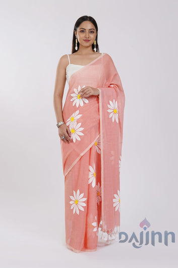 AYSR Boutique Kusuma Peach Pink Mul Cotton Printed Saree