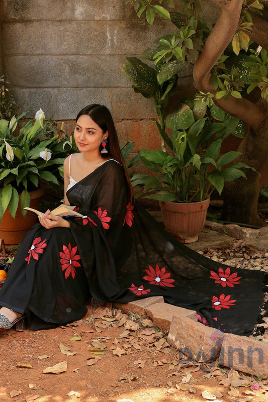 AYSR Boutique Kusuma Black and Red Mul Cotton Printed Saree