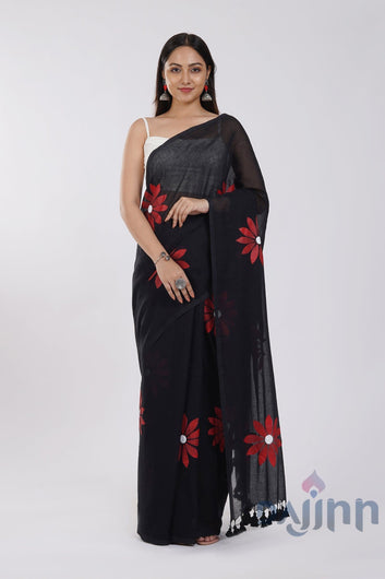 AYSR Boutique Kusuma Black and Red Mul Cotton Printed Saree