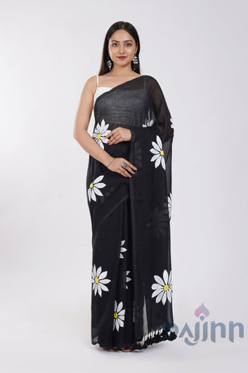 AYSR Boutique Kusuma Black and White Mul Cotton Printed Saree