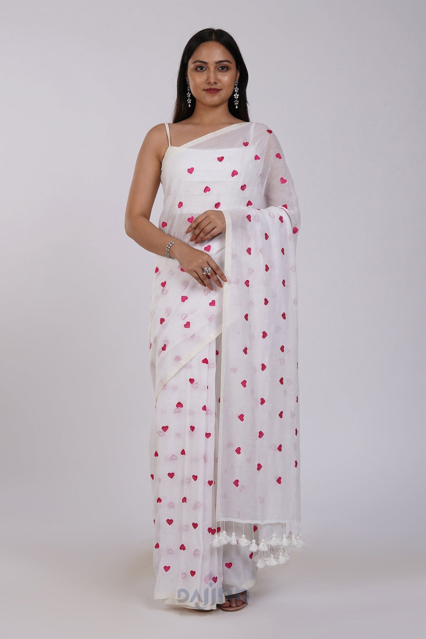 AYSR Boutique Chahna White and Pink Mul Cotton Heart Embroidery Saree