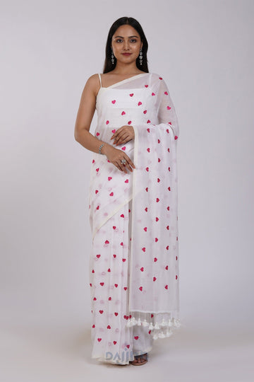 AYSR Boutique Chahna White and Pink Mul Cotton Heart Embroidery Saree