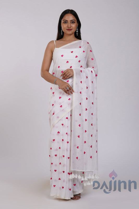 AYSR Boutique Chahna White and Pink Mul Cotton Heart Embroidery Saree