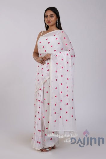 AYSR Boutique Chahna White and Pink Mul Cotton Heart Embroidery Saree