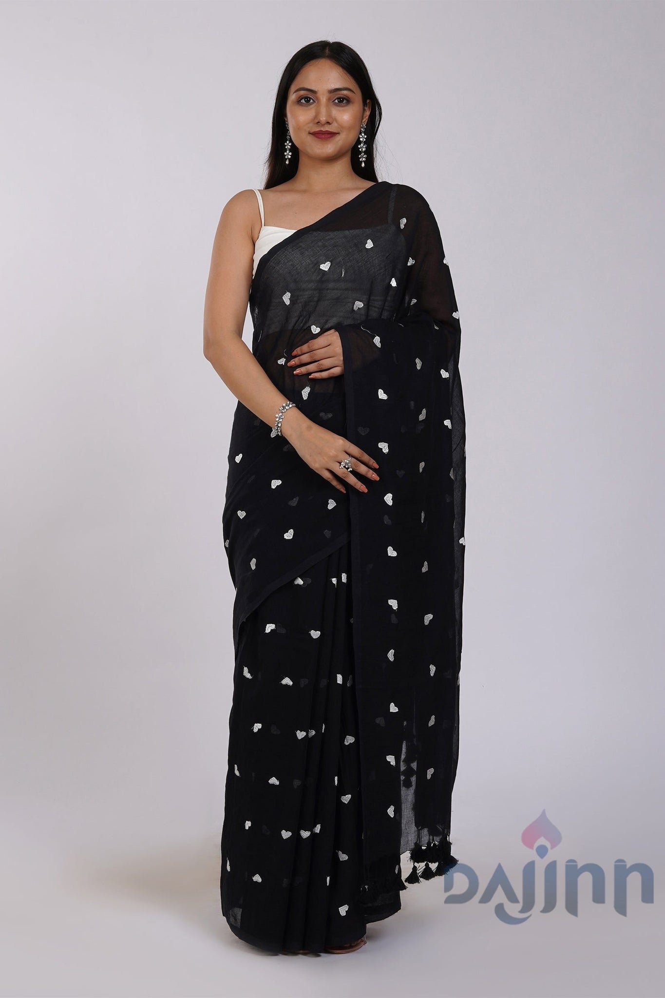 AYSR Boutique Chahna Black and White Mul Cotton Heart Embroidery Saree