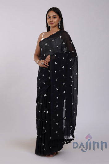 AYSR Boutique Chahna Black and White Mul Cotton Heart Embroidery Saree