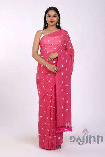 AYSR Boutique Chahna Pink and White Mul Cotton Heart Embroidery Saree