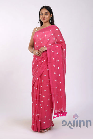 AYSR Boutique Chahna Pink and White Mul Cotton Heart Embroidery Saree